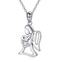 wholesale 925 Sterling Silver Heart-Shaped Zircon Angel Wings Pendant Necklace for Women and Girls- Rhodium Plated
