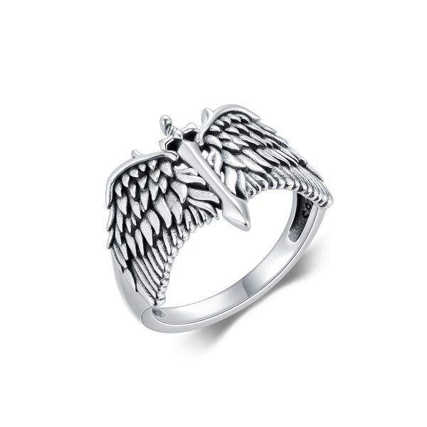 Sterling Silver Vintage Archangel Feather Goth Biker Rings-0