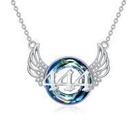 wholesale 925 Sterling Silver Cubic Zirconia Angel Wing Pendant Necklace with Blue Crystal and Number 444 - Numerology  for Women & Girls- Rhodium Plated