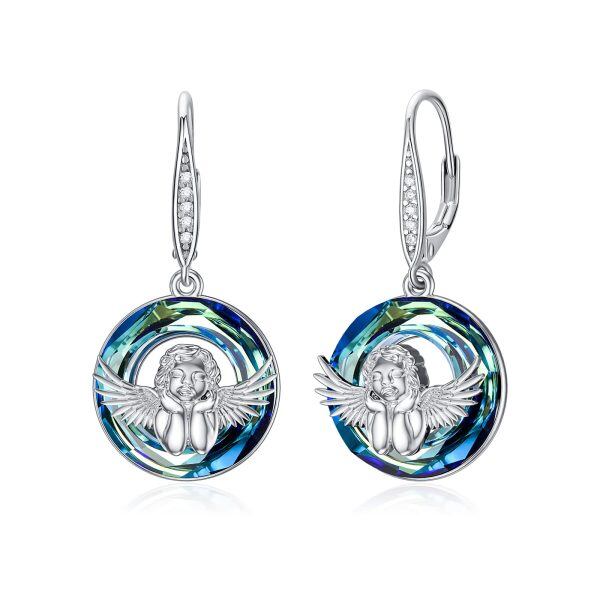 Sterling Silver Angel Wing Crystal Circle Dangle Earrings-0