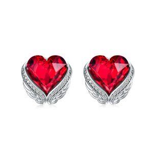 Sterling Silver Angel Wing Heart Shape Red Crystal Stud Earrings-0