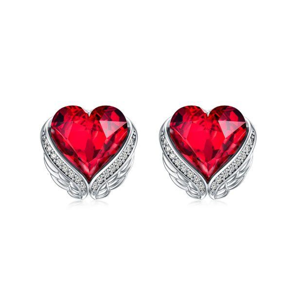 Sterling Silver Angel Wing Heart Shape Red Crystal Stud Earrings-0