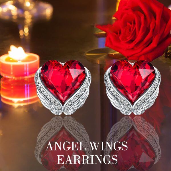 Sterling Silver Angel Wing Heart Shape Red Crystal Stud Earrings-4