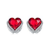wholesale 925 Sterling Silver Red Crystal Angel Wing Studs Heart Shape Earrings Gifts for Her- Rhodium Plated