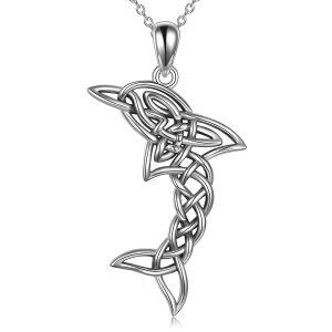 Sterling Silver Celtic Knot Dolphins Pendant Necklace-0