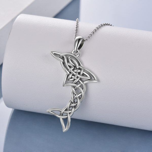 Sterling Silver Celtic Knot Dolphins Pendant Necklace-3