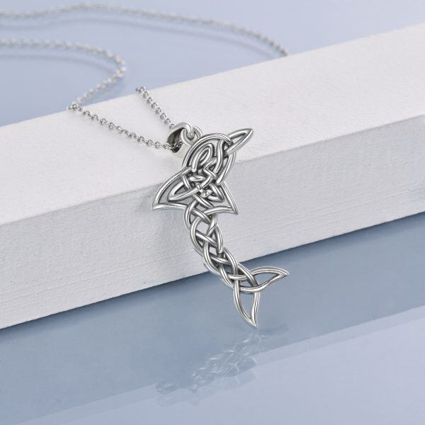 Sterling Silver Celtic Knot Dolphins Pendant Necklace-4