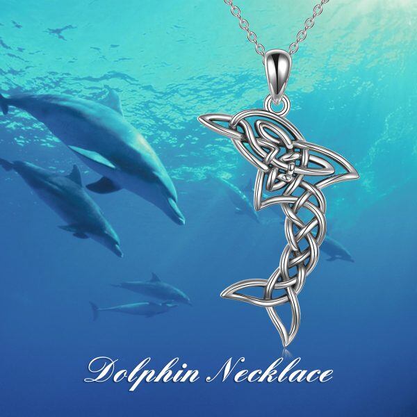 Sterling Silver Celtic Knot Dolphins Pendant Necklace-5