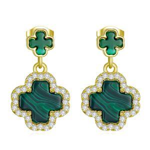 Sterling Silver Saint Patrick's Day Four Leaf Clover Dangle Earrings-0