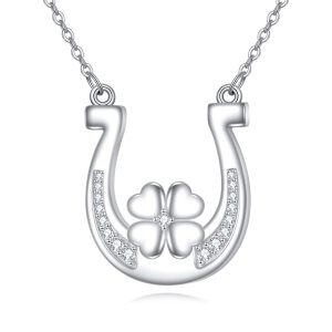 Sterling Silver Four Leaf Clover Horseshoes Pendant Necklace-0