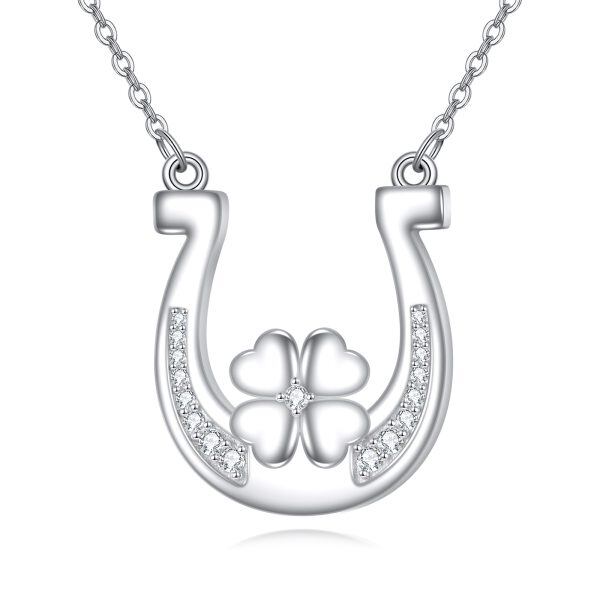 Sterling Silver Four Leaf Clover Horseshoes Pendant Necklace-0