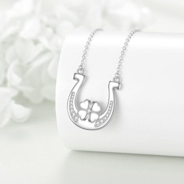 Sterling Silver Four Leaf Clover Horseshoes Pendant Necklace-3