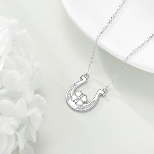 Sterling Silver Four Leaf Clover Horseshoes Pendant Necklace-4