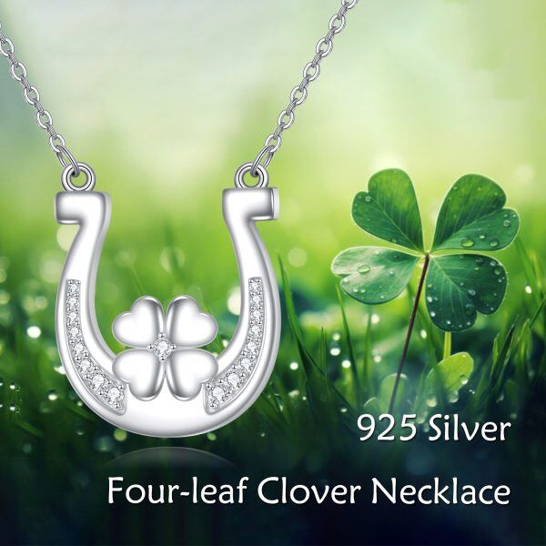 Sterling Silver Four Leaf Clover Horseshoes Pendant Necklace-5