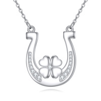 wholesale 925 Sterling Silver Metal Rose Gold Plated Women's Lucky Horse Shoe with Four-Leaf Clover Pendant Necklaces s for Her- Rhodium Plated