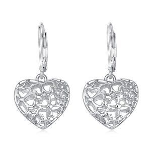 Sterling Silver Hollow Four Leaf Clover Heart Dangle Earrings-0