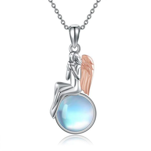 Sterling Silver Angel Wing Moonstone Pendant Necklace-0