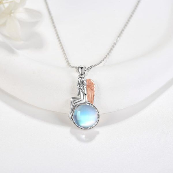 Sterling Silver Angel Wing Moonstone Pendant Necklace-1