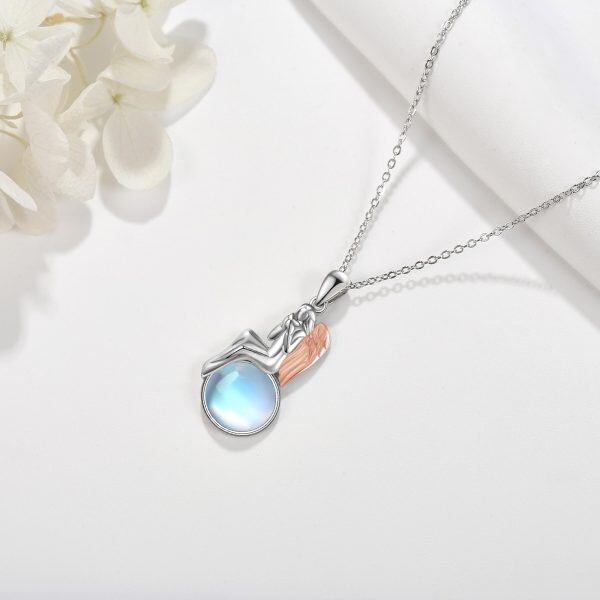 Sterling Silver Angel Wing Moonstone Pendant Necklace-2