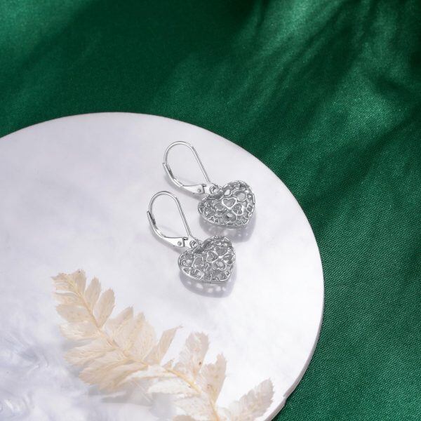 Sterling Silver Hollow Four Leaf Clover Heart Dangle Earrings-3