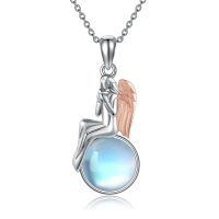 wholesale 925 Sterling Silver Blue Moonstone Angel Wing Pendant Necklace for Women Girl's Gifts- Rhodium And Rose Gold Plated