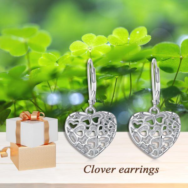 Sterling Silver Hollow Four Leaf Clover Heart Dangle Earrings-5