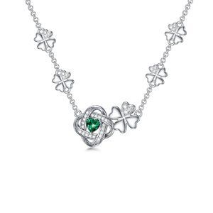 Sterling Silver Four Leaf Clover Horseshoes Pendant Necklace with Birthstone-0