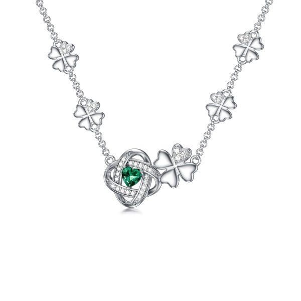 Sterling Silver Four Leaf Clover Horseshoes Pendant Necklace with Birthstone-0