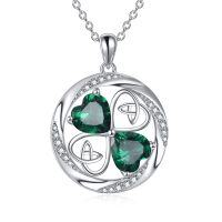 wholesale 925 Sterling Silver Green CZ Four-Leaf Clover Heart Pendant Necklace for Women- Rhodium Plated