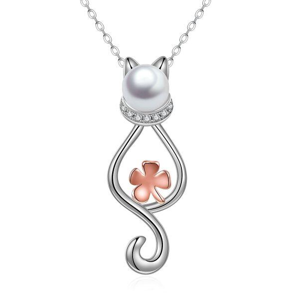 Sterling Silver Cat Four Leaf Clover Pendant Necklace with Pearl-0