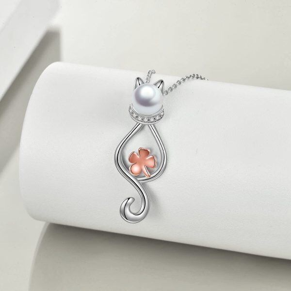 Sterling Silver Cat Four Leaf Clover Pendant Necklace with Pearl-3