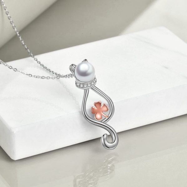 Sterling Silver Cat Four Leaf Clover Pendant Necklace with Pearl-4