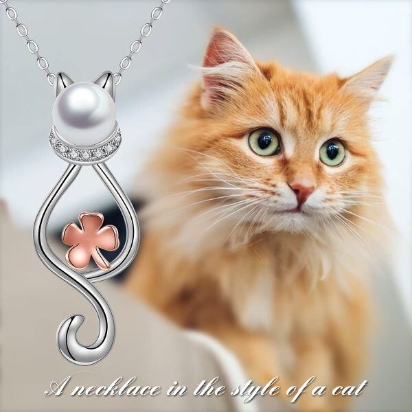 Sterling Silver Cat Four Leaf Clover Pendant Necklace with Pearl-5