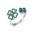 wholesale 925 Sterling Silver Emerald Four-Leaf Clover Adjustable Ring - Lucky Charm s for Women-0-0
