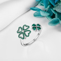 wholesale 925 Sterling Silver Emerald Four-Leaf Clover Adjustable Ring - Lucky Charm s for Women-0-3