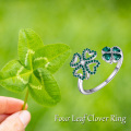 wholesale 925 Sterling Silver Emerald Four-Leaf Clover Adjustable Ring - Lucky Charm s for Women-0-5