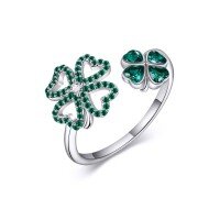 wholesale 925 Sterling Silver Emerald Four-Leaf Clover Adjustable Ring - Lucky Charm s for Women- US # 8