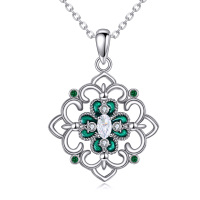 wholesale 925 Sterling Silver Green Enamel & Cubic Zirconia 4-Leaf Clover Celtic Knot Pendant Necklace for Women- Rhodium Plated