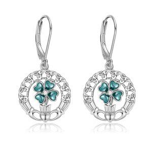 Sterling Silver Claddagh Four Leaf Clover Dangle Earrings-0