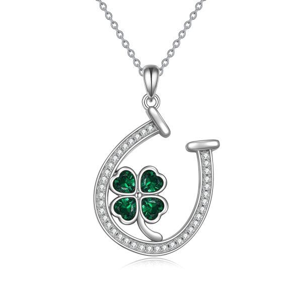 Sterling Silver Four Leaf Clover Horseshoes Pendant Necklace with Green Emerald Crystal-0