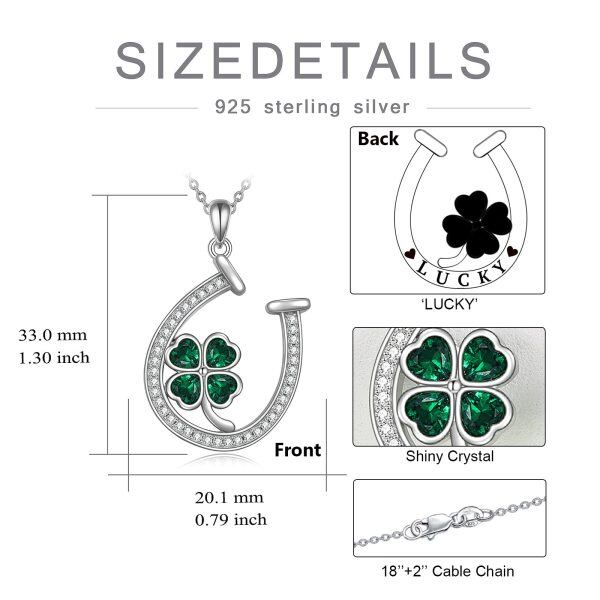 Sterling Silver Four Leaf Clover Horseshoes Pendant Necklace with Green Emerald Crystal-1