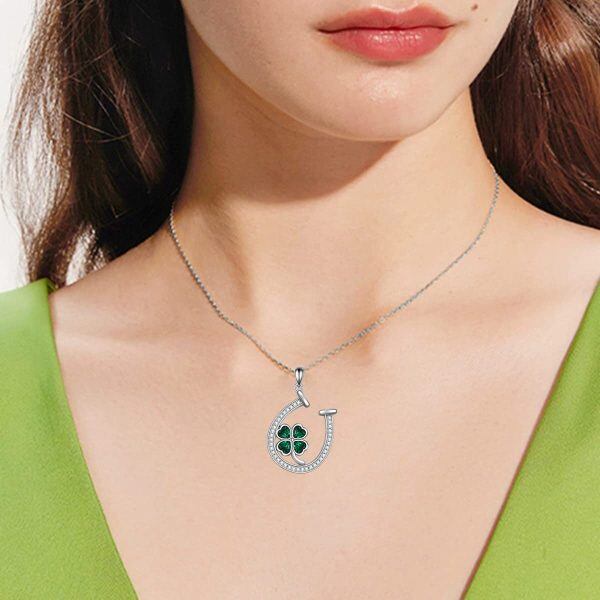 Sterling Silver Four Leaf Clover Horseshoes Pendant Necklace with Green Emerald Crystal-2