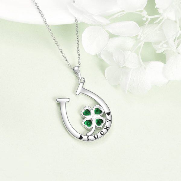 Sterling Silver Four Leaf Clover Horseshoes Pendant Necklace with Green Emerald Crystal-3