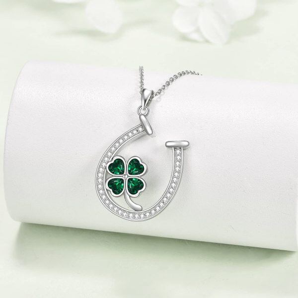 Sterling Silver Four Leaf Clover Horseshoes Pendant Necklace with Green Emerald Crystal-4