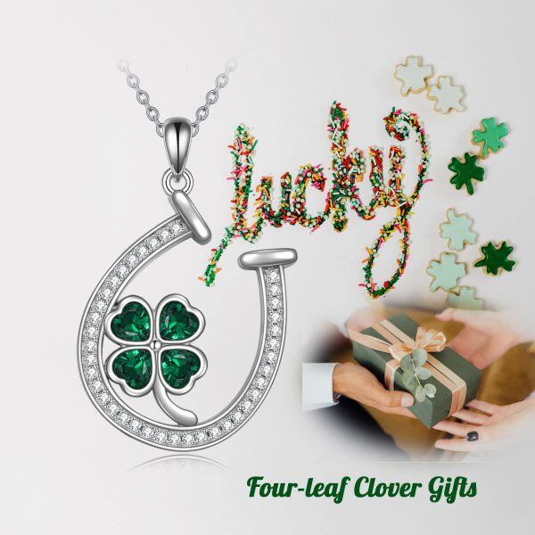 Sterling Silver Four Leaf Clover Horseshoes Pendant Necklace with Green Emerald Crystal-5