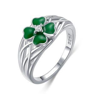 Sterling Silver Enamel Four Leaf Clover Eternity Rings-0