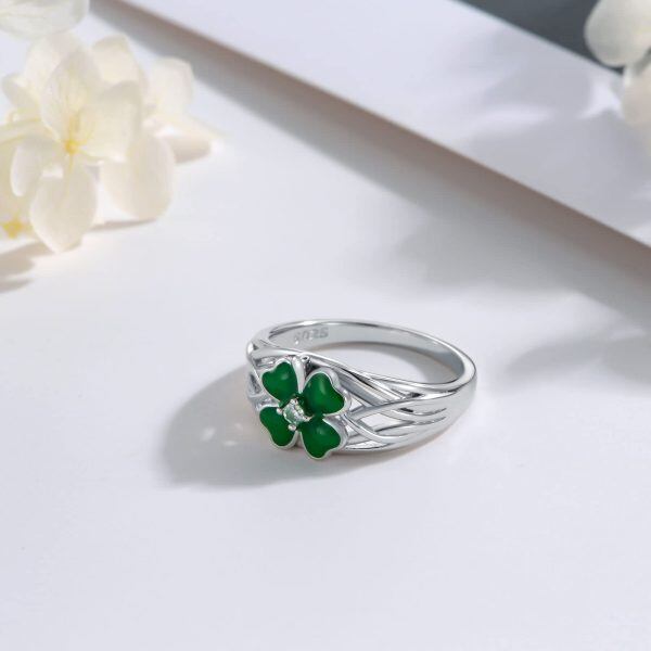 Sterling Silver Enamel Four Leaf Clover Eternity Rings-3