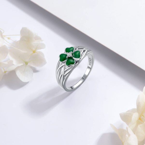 Sterling Silver Enamel Four Leaf Clover Eternity Rings-4