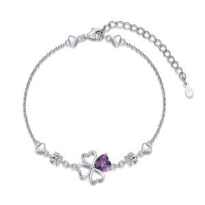 Sterling Silver Four Leaf Clover Chain Bracelets with Purple Cubic Zircon-0