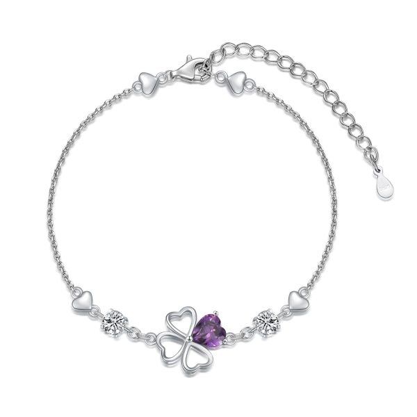 Sterling Silver Four Leaf Clover Chain Bracelets with Purple Cubic Zircon-0